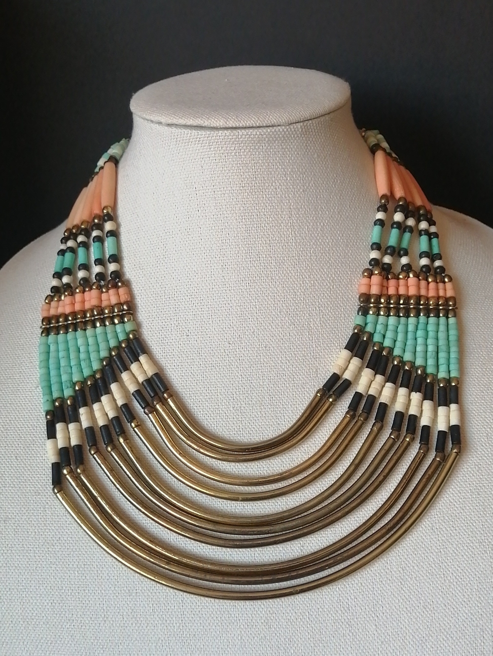 Bohemian Tribal Navajo Style Multi-Strand Beaded Necklace Mint Peach Bronze